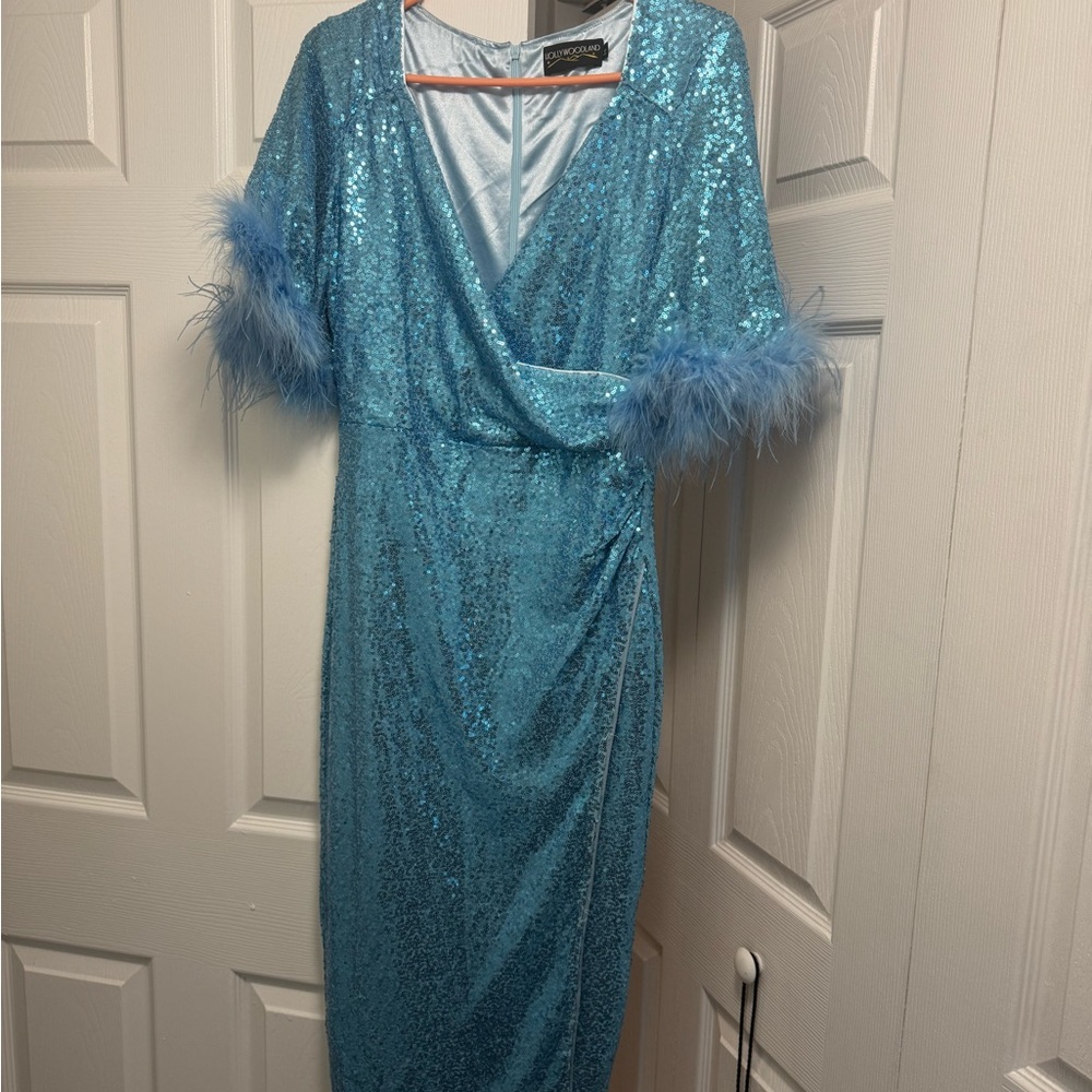 Elle Rebel Blue Sequin Dress with Feather Trim